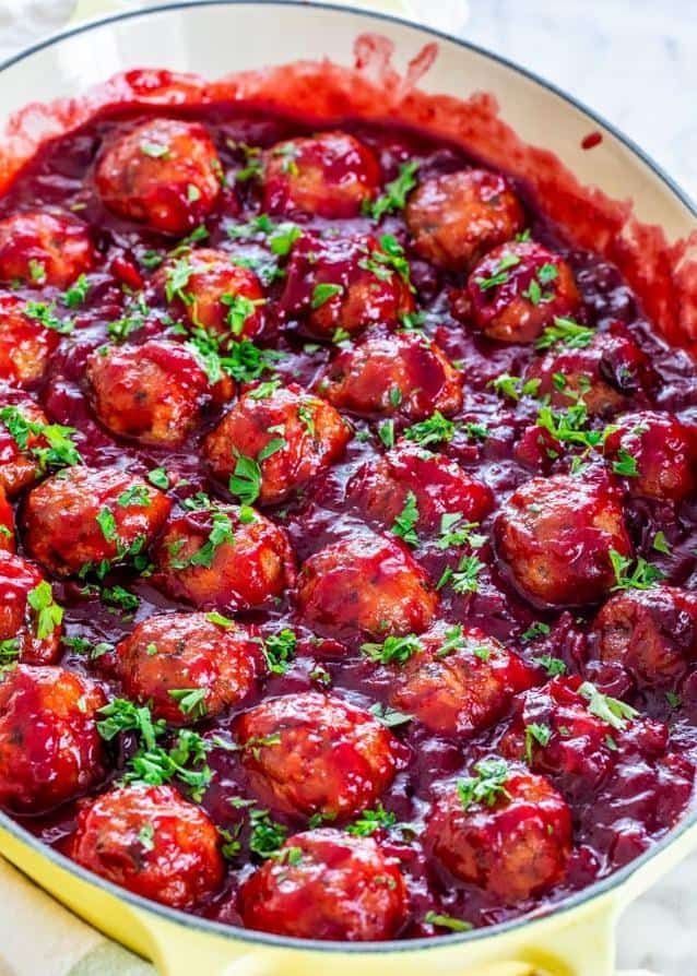  Bite-sized meatballs drenched in a sweet cranberry sauce.