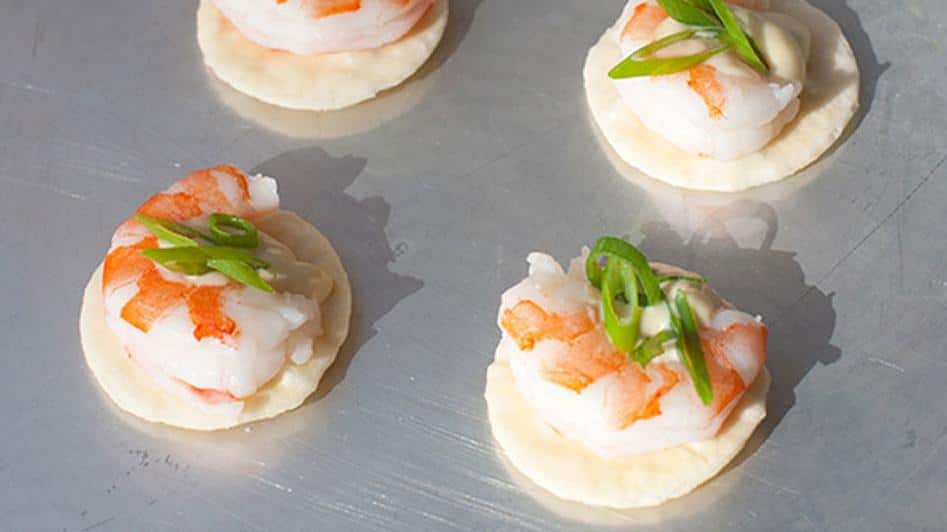  Bring the heat to your next party with this Wasabi Shrimp on Rice Crackers recipe.