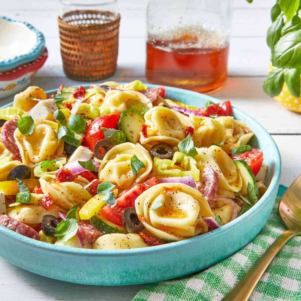  Colorful tortellini salad, made with fresh veggies and creamy dressing.