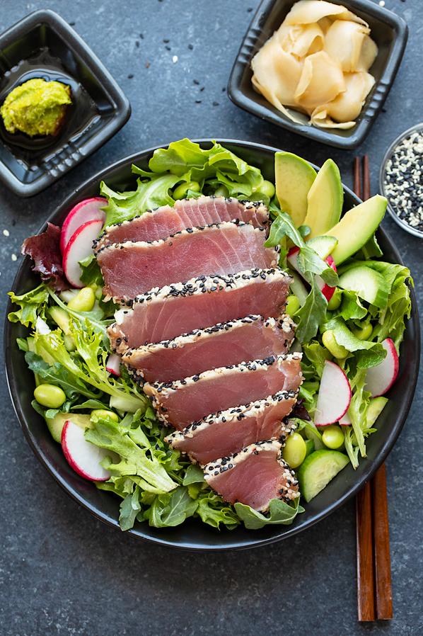  Get ready to dive into the amazing flavor of fresh, seared tuna in a bed of greens.