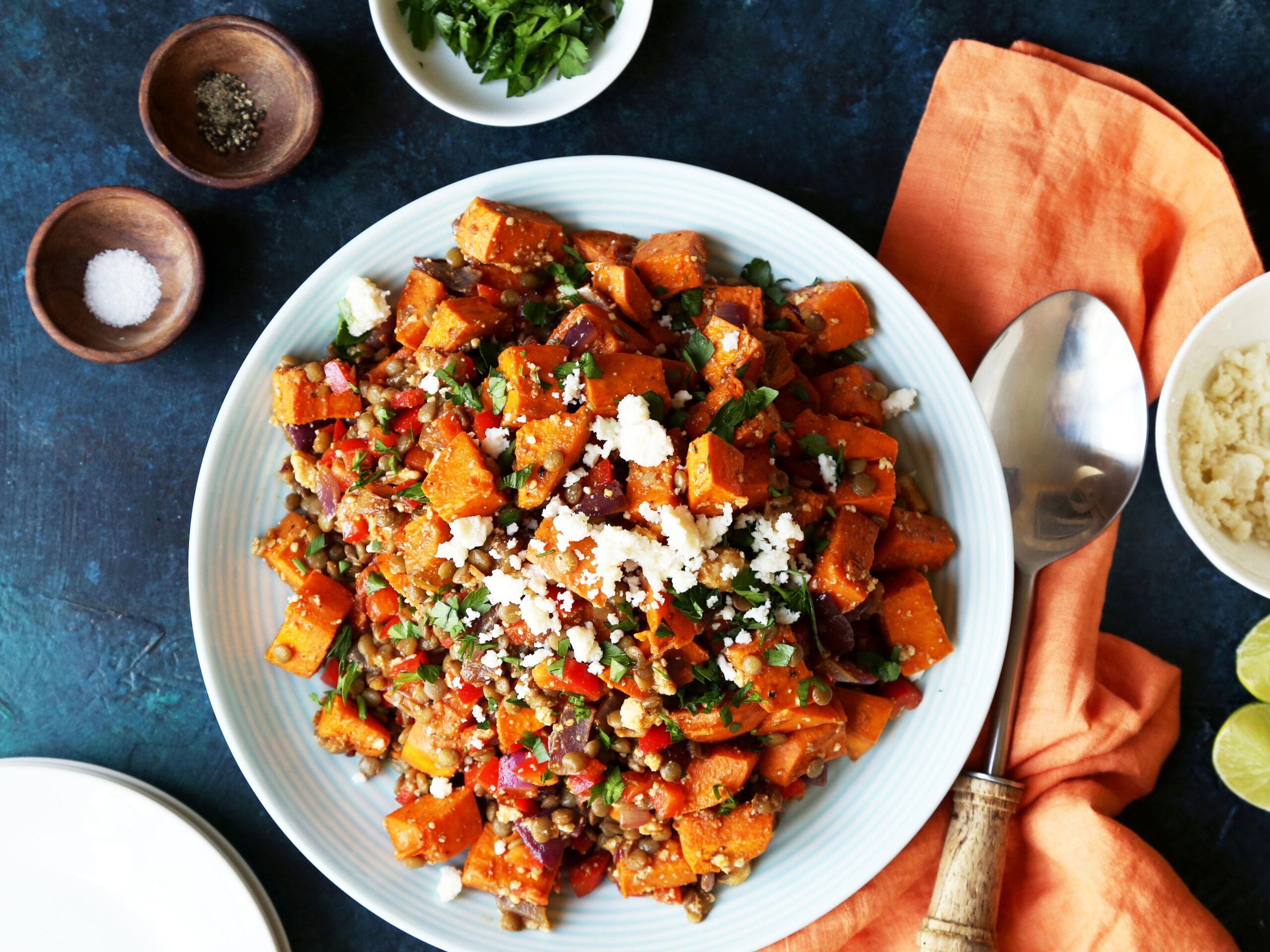  Roasted sweet potatoes add a delicious touch of sweetness to the savory lentils