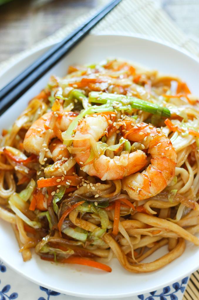  Satisfy your craving for umami with these savory Japanese pan noodles with shrimp.