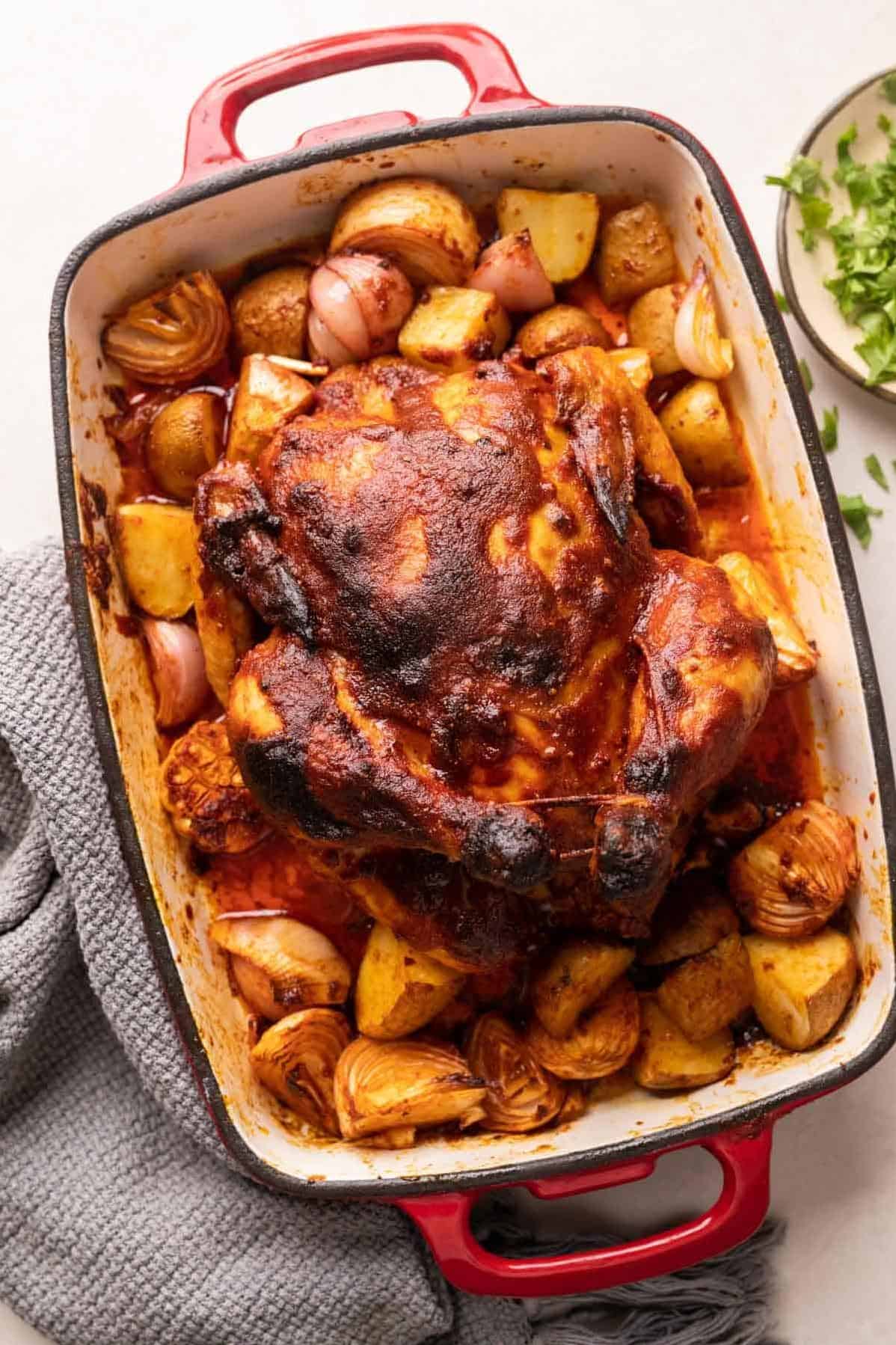  Tandoori flavors shine in this deliciously spiced rotisserie chicken.