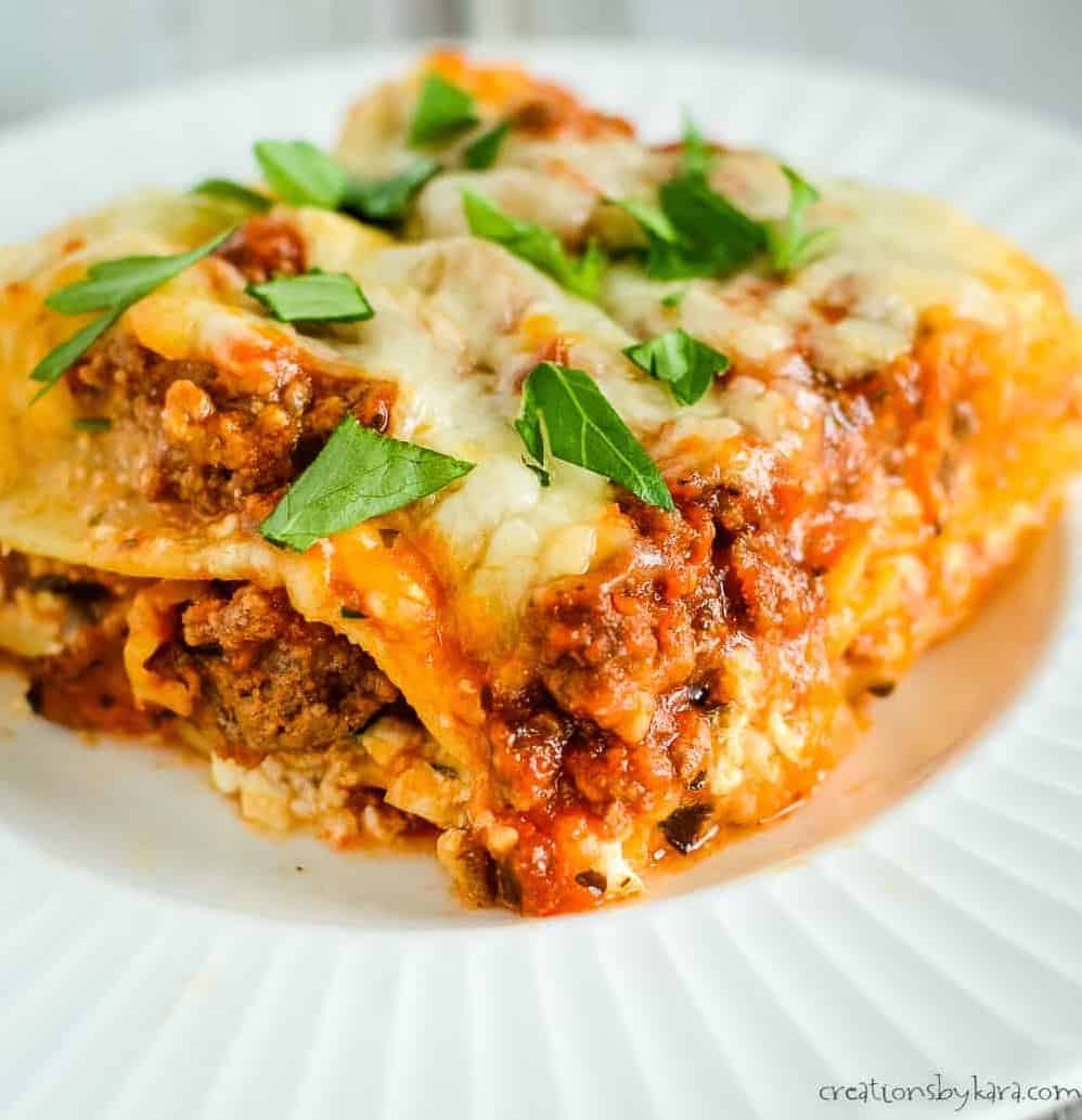  The secret to a lower fat lasagna is using part-skim ricotta and mozzarella cheese.