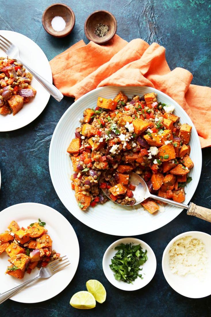  The vibrant colors of the sweet potatoes, lentils, and queso fresco make for a stunning dish