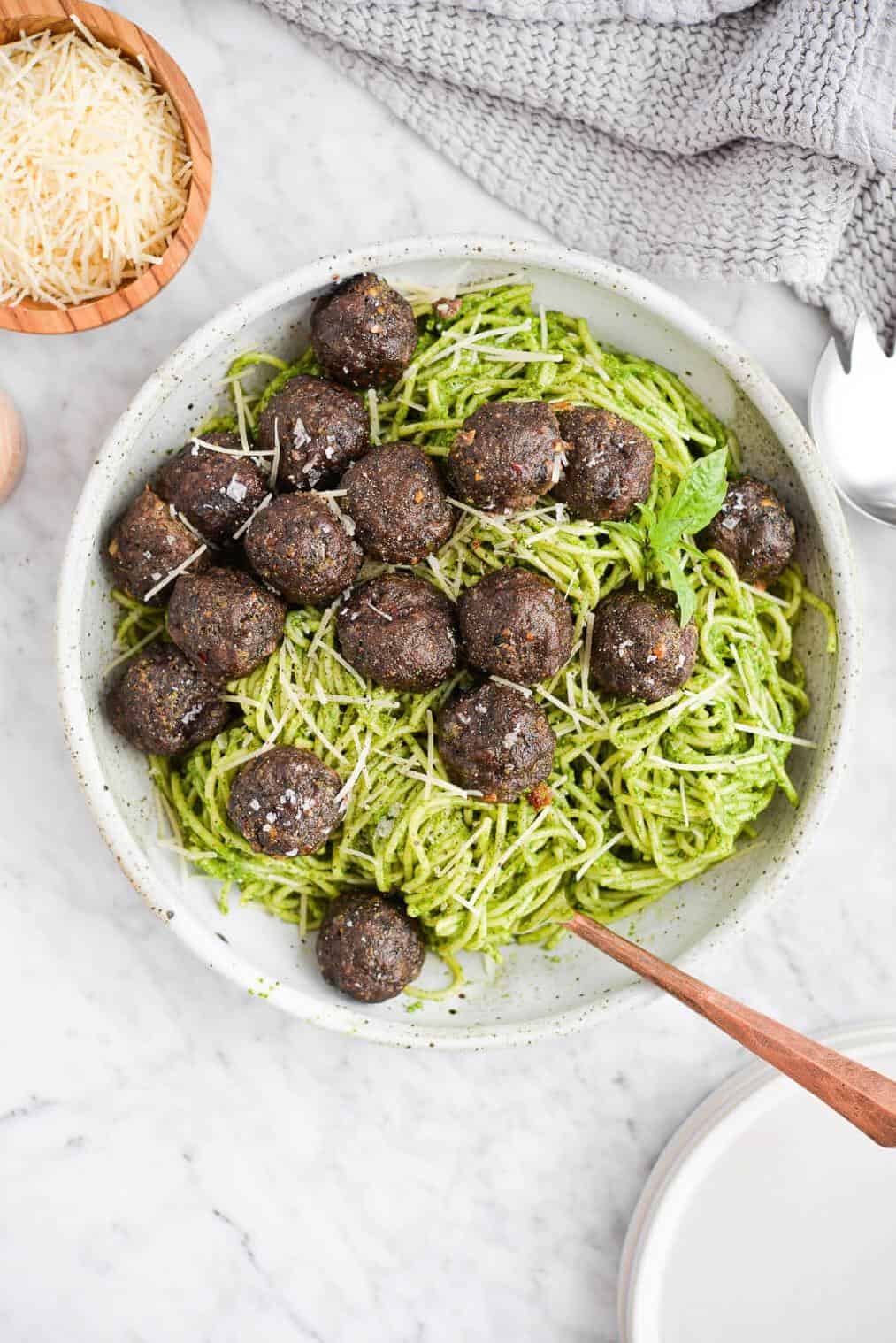  The vibrant green pesto gives these meatballs a beautiful pop of color.