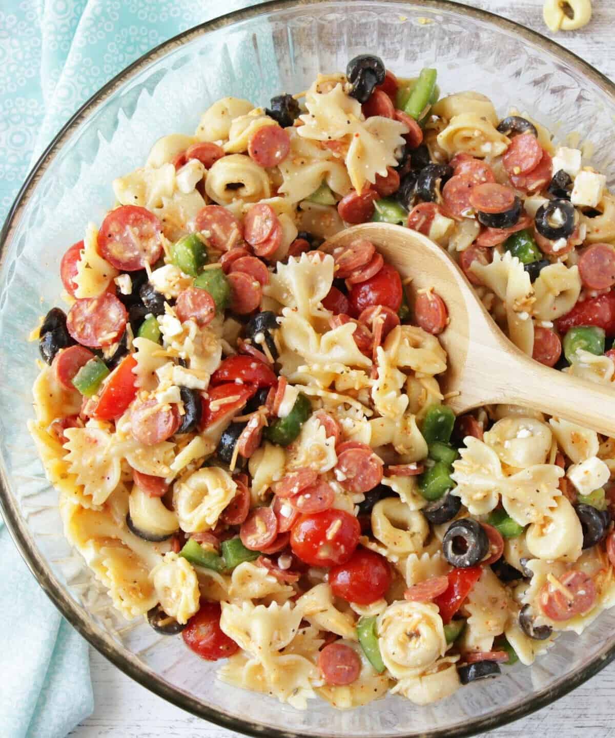  This tortellini and bow tie pasta salad is a feast for the eyes and the taste buds.